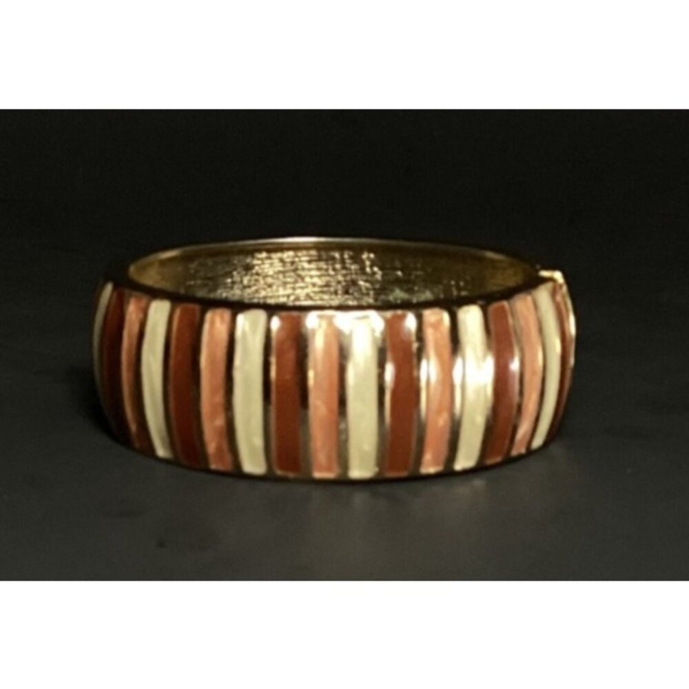 Vintage Copper Rose & Cream Striped Wide Hinged Clamper Bracelet Gold-Toned - Picture 6 of 8